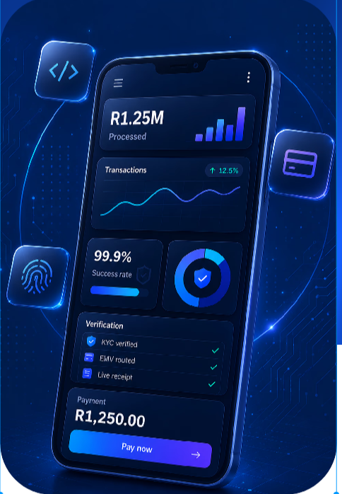 AX Digital payment platform mockup showing R1.25M processed, transaction trend, 99.9% success rate, KYC/EMV verification and a payment screen